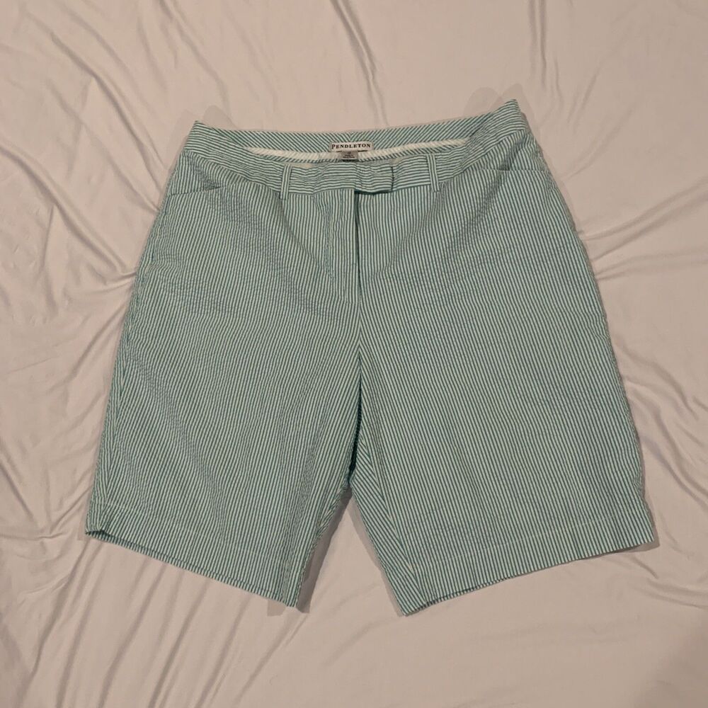 Vintage Pendleton Seersucker Bermuda Shorts 12 Womens Aqua White Stripe Lined